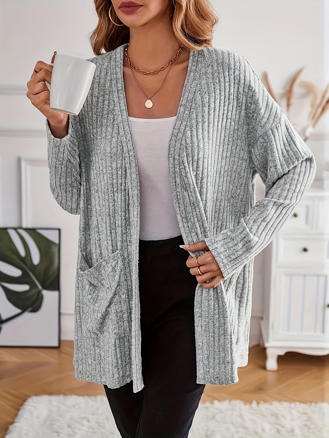 Solid Ribbed Long Sleeve Open Front Cardigan With Pockets