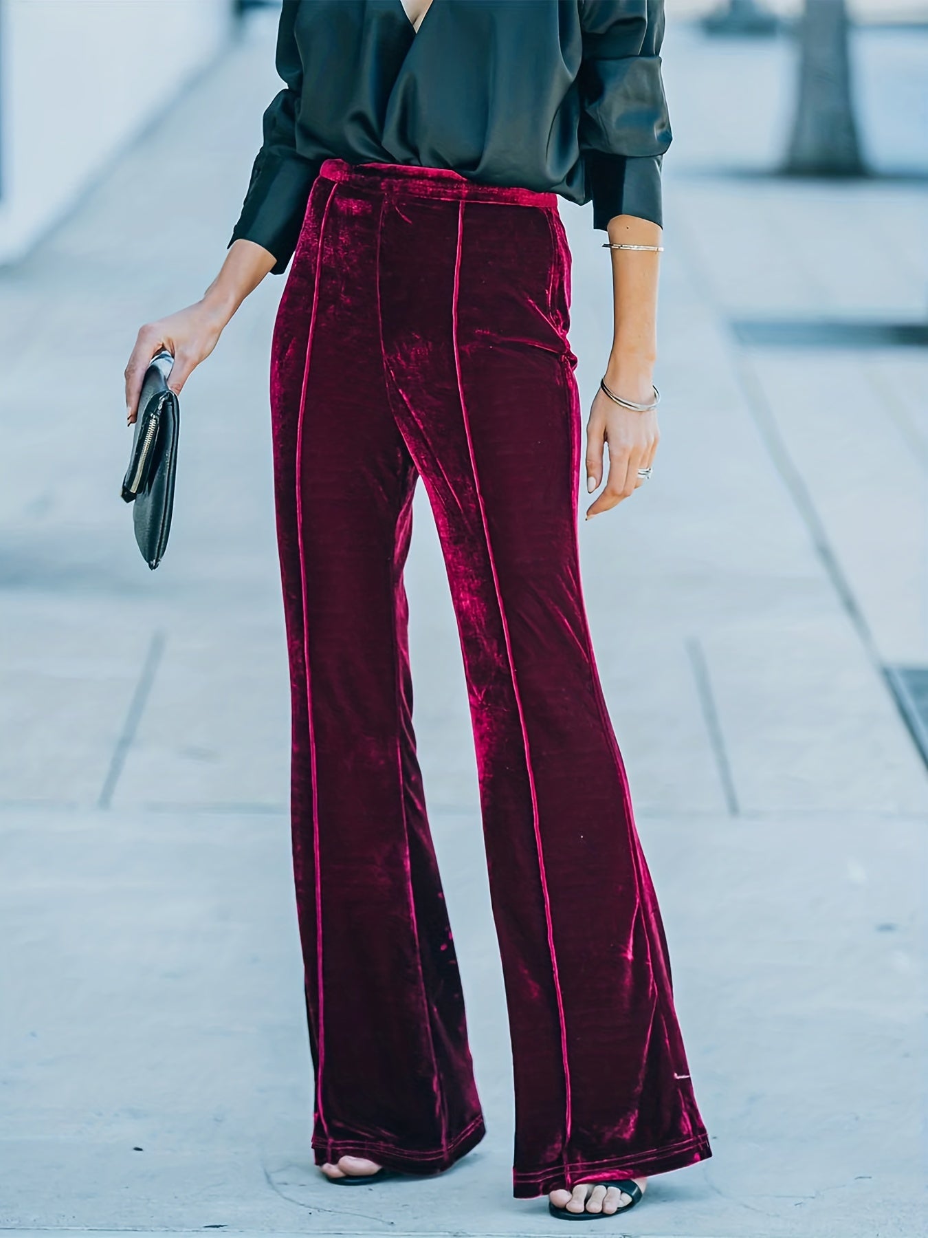  Velvet Flared Leg Trousers High Rise Elastic Waist