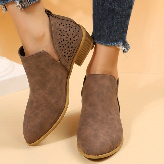 Women's Perforated Short Boots Retro Pointed Toe Stacked Chunky Heels