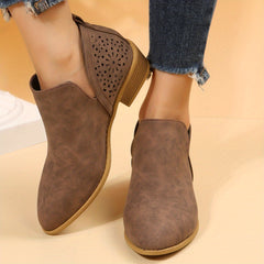 Women's Perforated Short Boots Retro Pointed Toe Stacked Chunky Heels