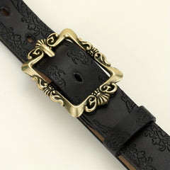 Vintage Embossed Hollow Carved Rectangular Buckle PU Belt Women