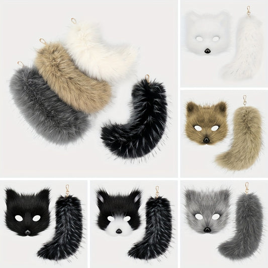 Plush Fox Mask Set with Tail Keychain - Animal Themed Accessories for Halloween