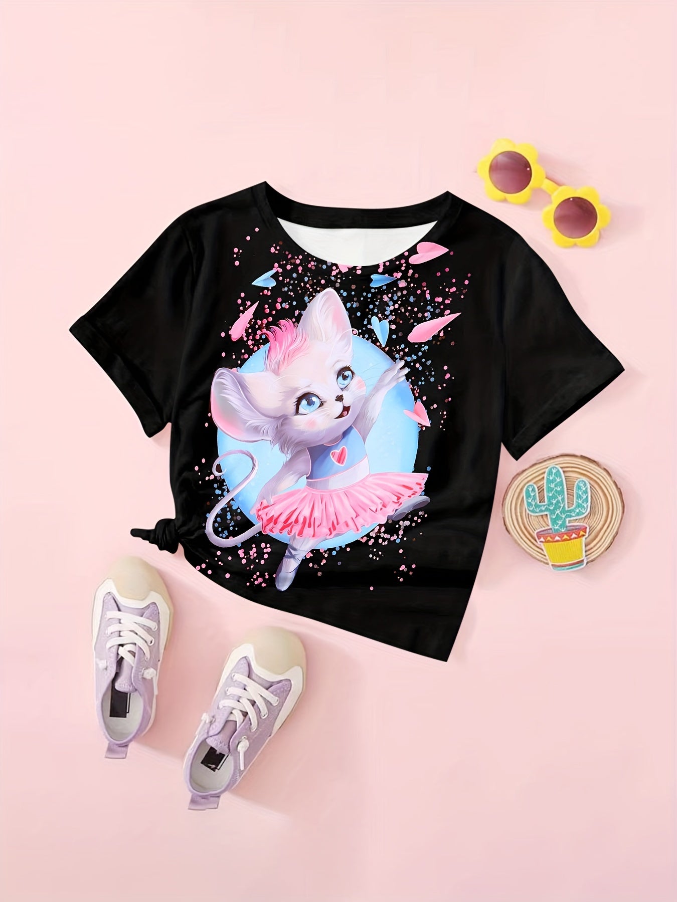 Sweet Animal Princess Graphic Short Sleeve T shirt Girls Pullover Tops