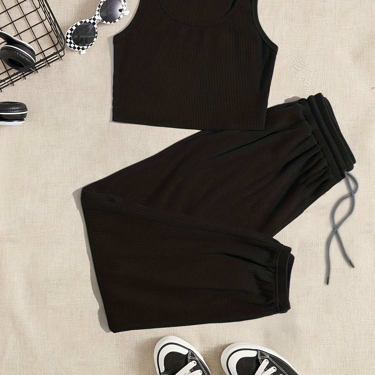 Casual Sporty Two-Piece Set Tank Top & Waist Pants