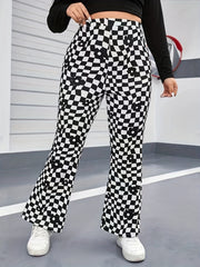 Floral & Checkered Print Flared Leg High Rise Pants Plus Size Y2K