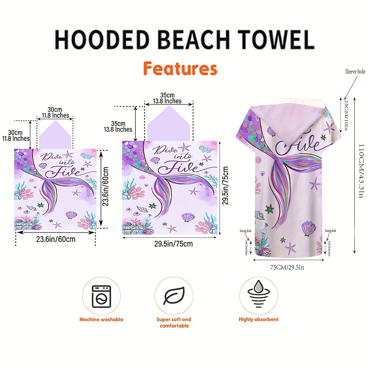 Mermaid Printed Hooded Bathrobe Soft Microfiber Towel