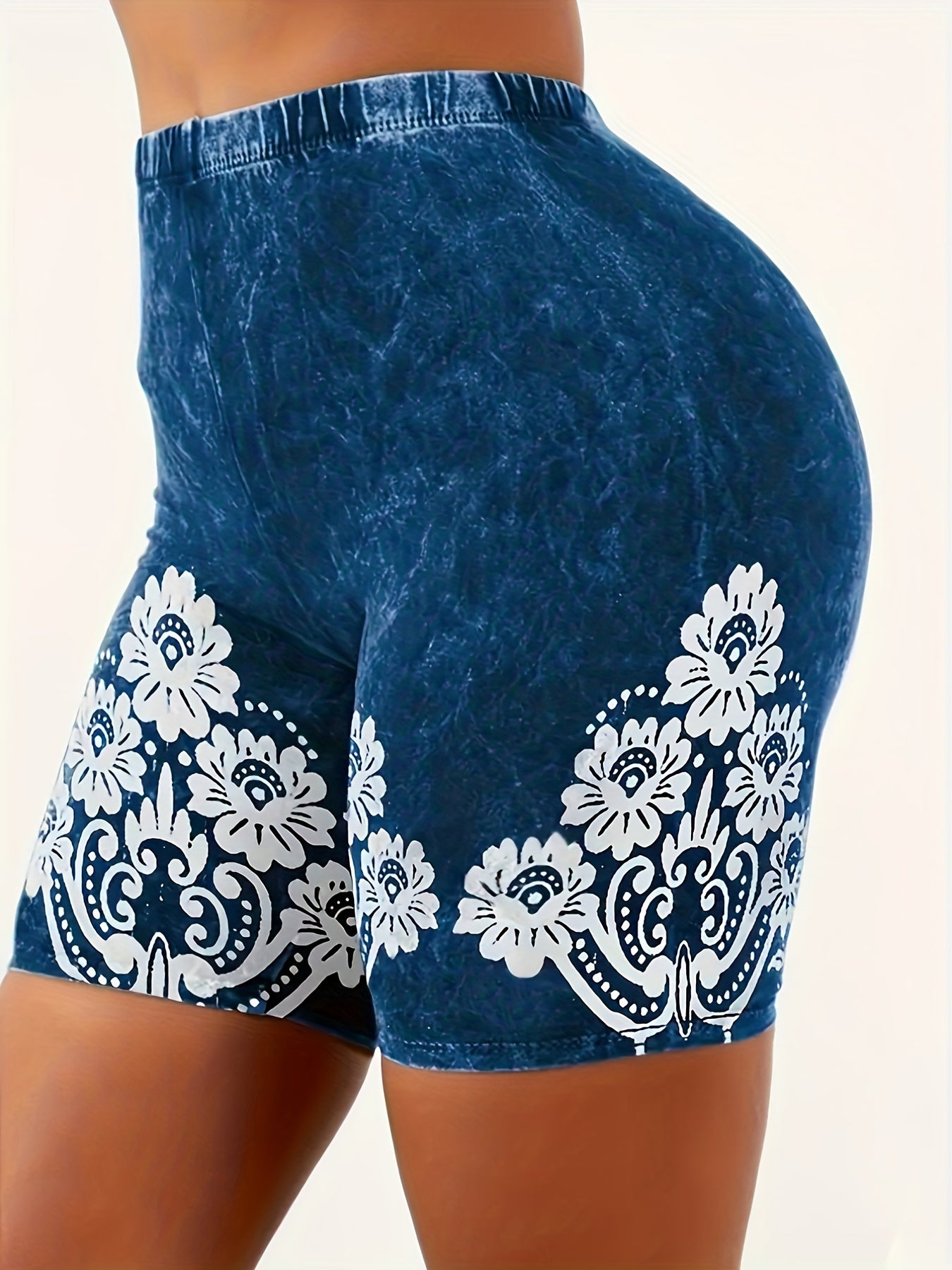 Floral & Denim Print Leggings Casual Leggings For Spring & Summer