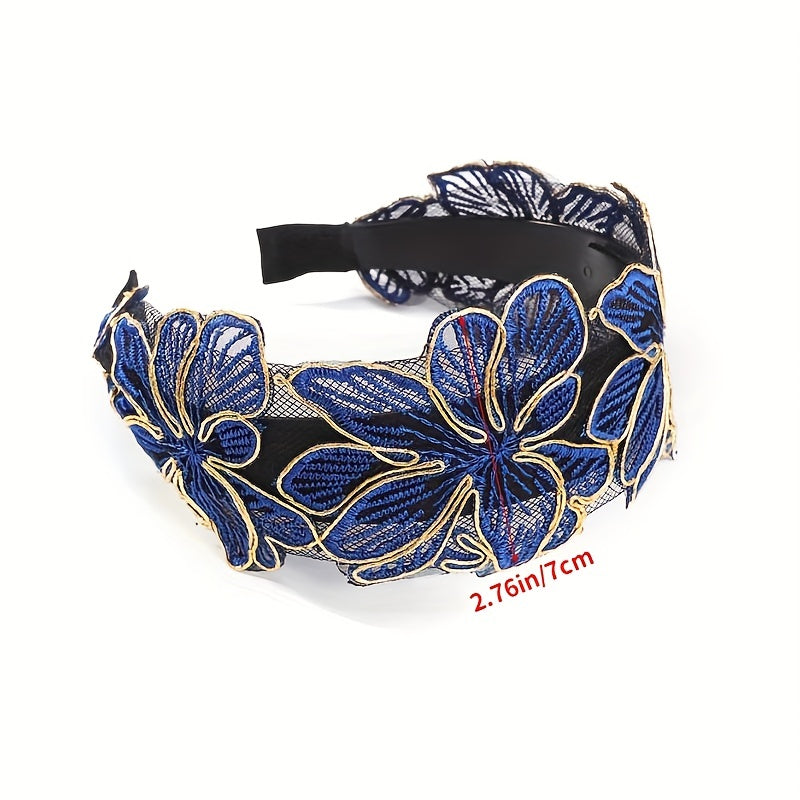 Wide Lace Headband Flower Embroidered Hair Band for Women Girls