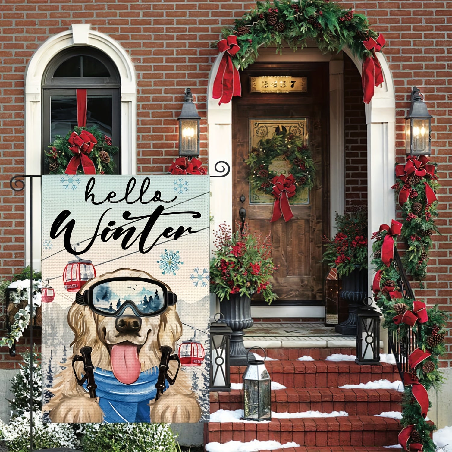 Hello Winter Dog Garden Flag Double Sided Snowflake Skiing Golden Retriever