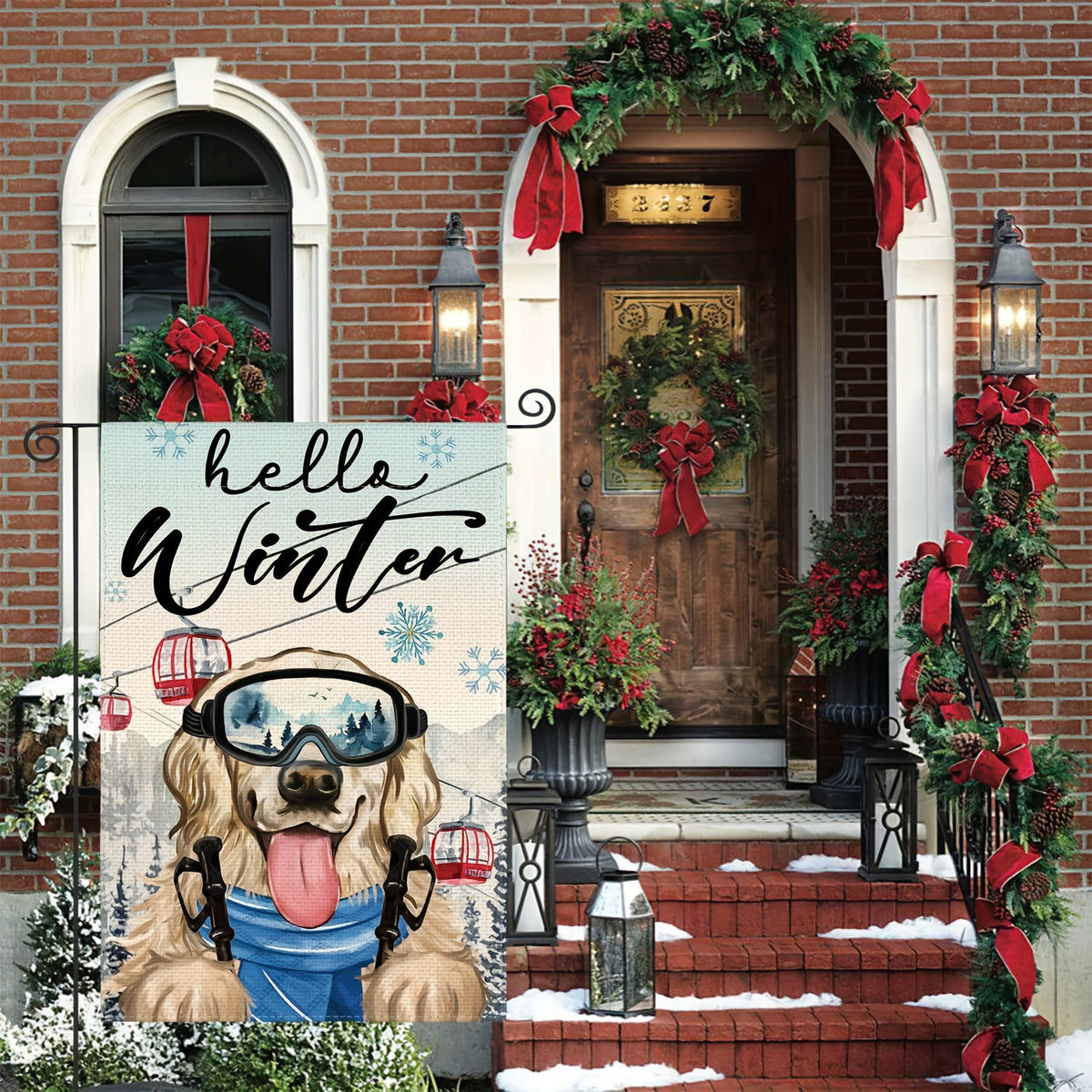 Hello Winter Dog Garden Flag Double Sided Snowflake Skiing Golden Retriever