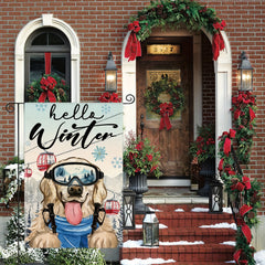 Hello Winter Dog Garden Flag Double Sided Snowflake Skiing Golden Retriever