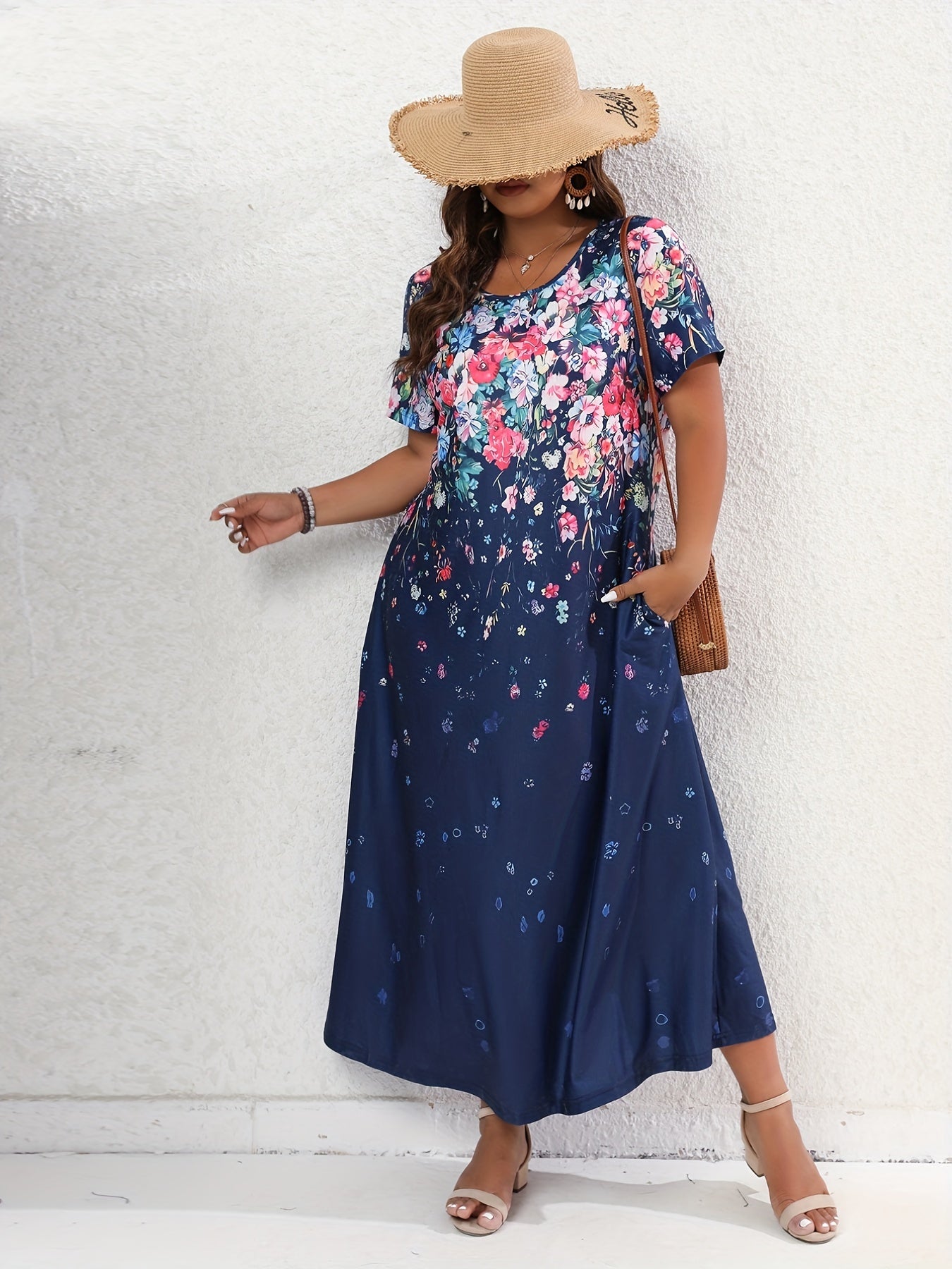 Floral Print Short Sleeve Maxi Dress With Pockets