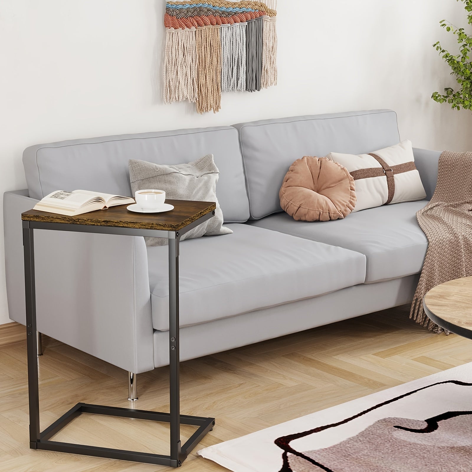 Retro C-shaped Coffee Table for Sofa Side with Metal Frame