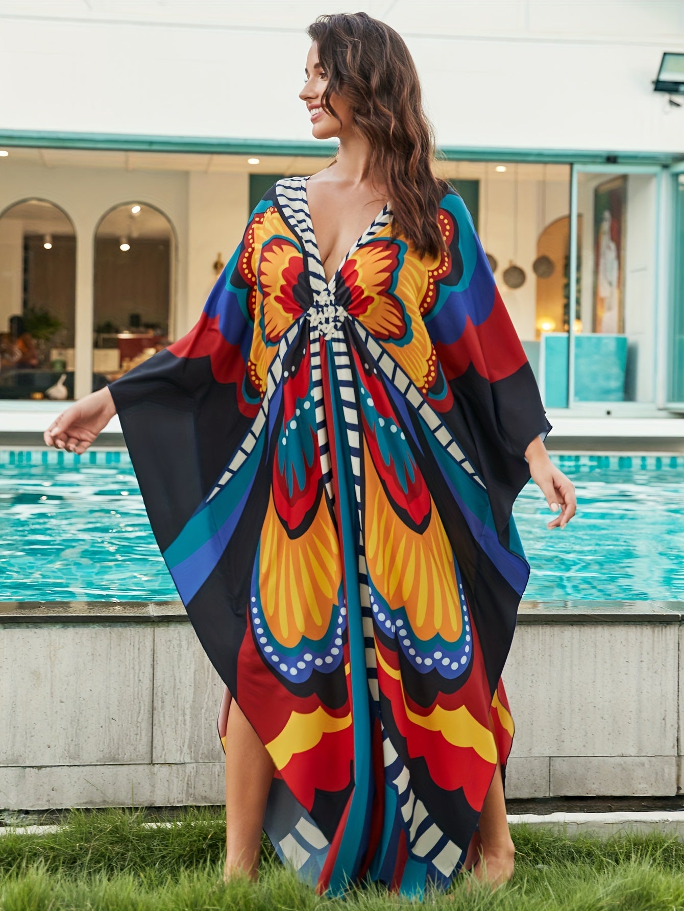  Allover Print Batwing Sleeve Maxi Jalabiya Dress