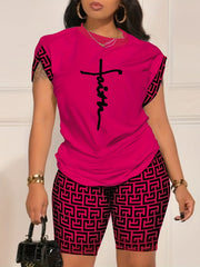 Geo Print Two piece Set Short Sleeve T shirt & Biker Shorts