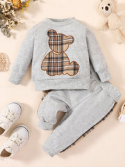 2pcs Toddler Baby Bear Embroidery Sweatshirt & Splicing Pant
