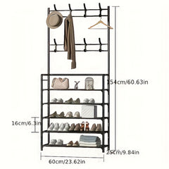 1pc Entrance Coat Rack Foyer Shoe Rack with Storage Shelves & Hooks