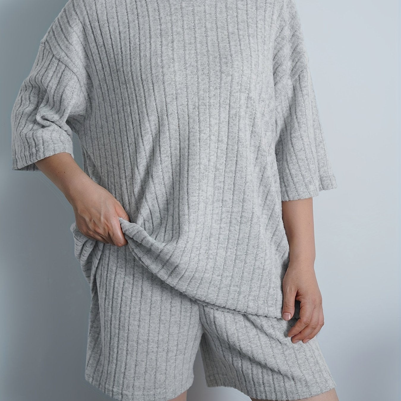  Ribbed Knit Sweater Set Short Sleeve Pullover & Short