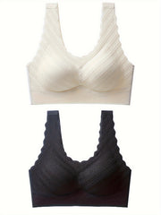 2pcs Scallop Trim Wireless Bras Comfy & Breathable Push Up Bra