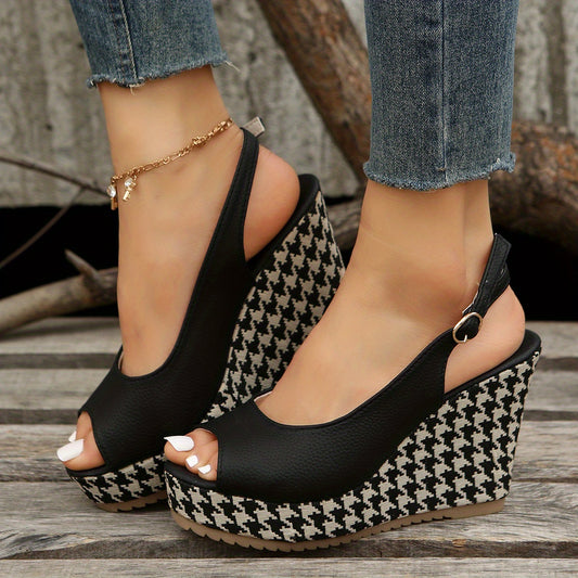 Women's Houndstooth Platform Wedge Sandals Peep Toe Buckle Strap Slingback Heels