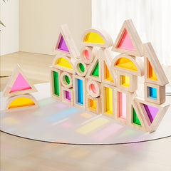 Wooden Building Blocks Castle Construction Toy Set with Light Up Pieces