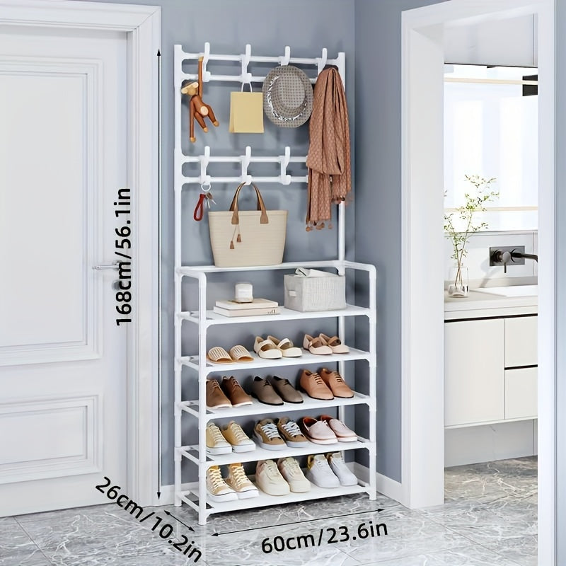 Standing Clothes Rack With Hooks & Shoe Storage Shelf
