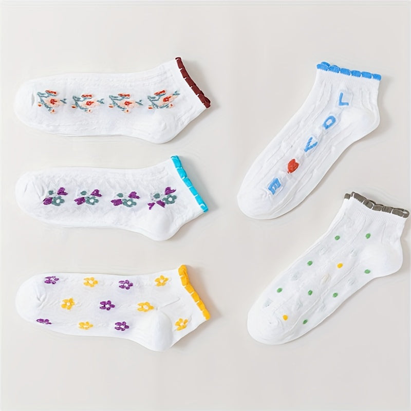 5 Pair Floral Print Low Cut Socks Women's Stockings