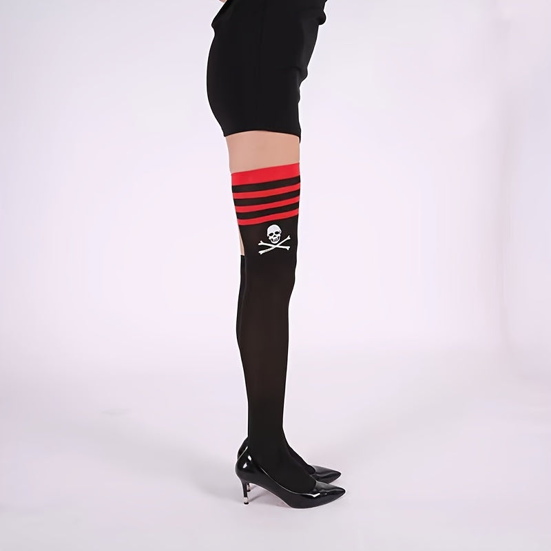 Skull Print Striped Thigh High Socks Halloween Over The Knee Stockings