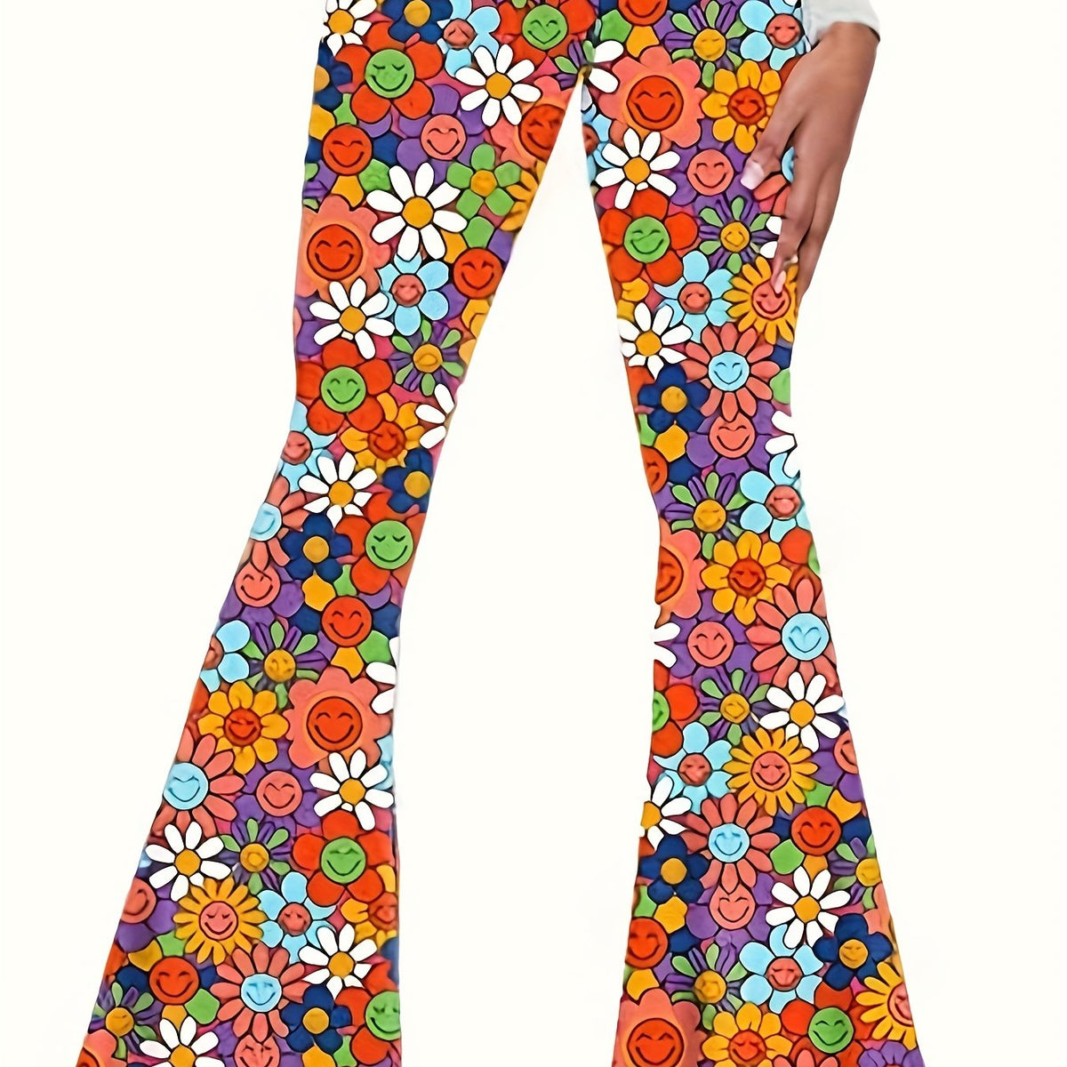 Floral Print High Waist Hippie Pants Casual Flare Leg Pants For Spring & Summer