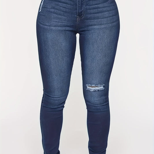 Navy Ripped Holes Skinny Jeans Slim Fit High Stretch Curvy Denim Pants