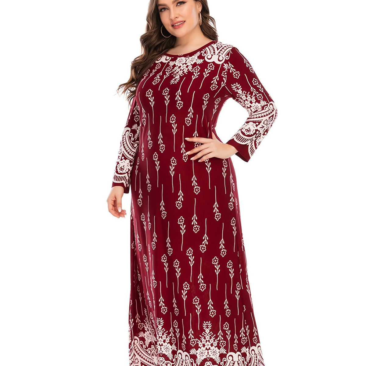  Retro Dress Women's Plus Abstract Stripe Print Long Sleeve Round Neck