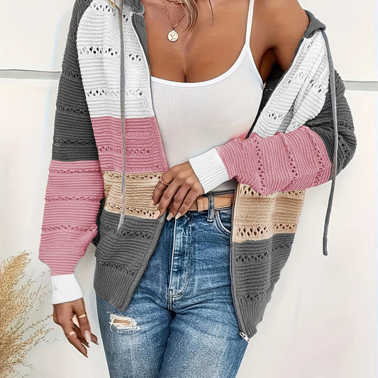 Women's Plus Colorblock Knitted Long Sleeve Zipper Up Hooded Cardigan