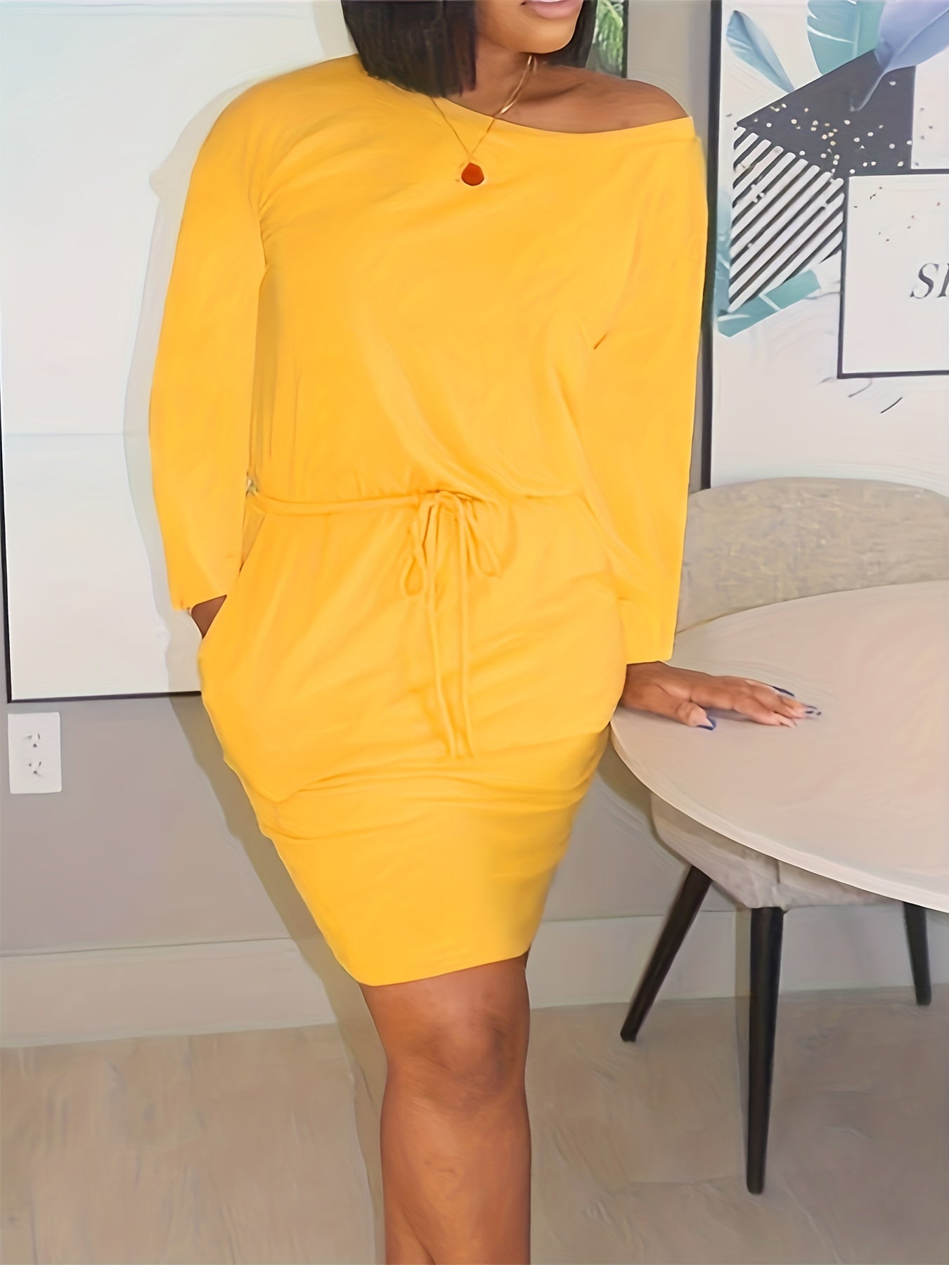  One Shoulder Drawstring Waist Dress With Pockets