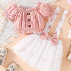Baby Girls Off Shoulder Top Mesh Suspender Skirt