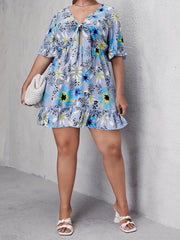  Floral Print Ruffle Trim Cut Out Knot Front Smock Dress