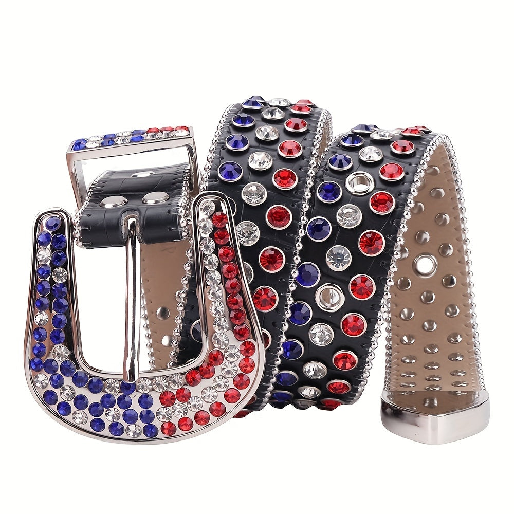 Men's Women's Flag Rhinestone Belt Western Cowboy Crystal Studded Strap