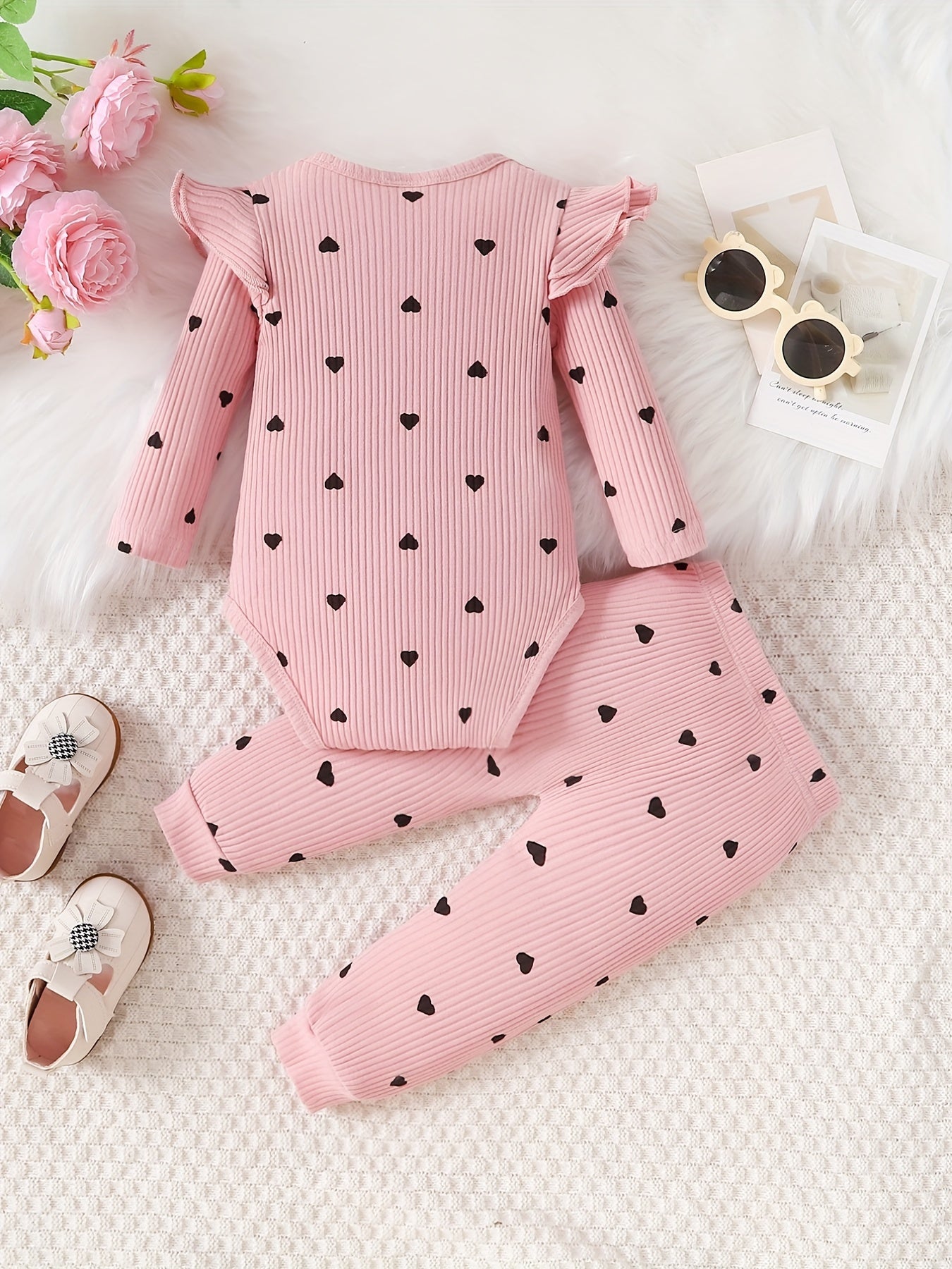 Newborn Infant Heart Print Ruffles Romper Long Sleeve Onesies & Pants Set