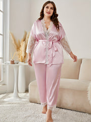  Satin Lace Robe & Pants Set