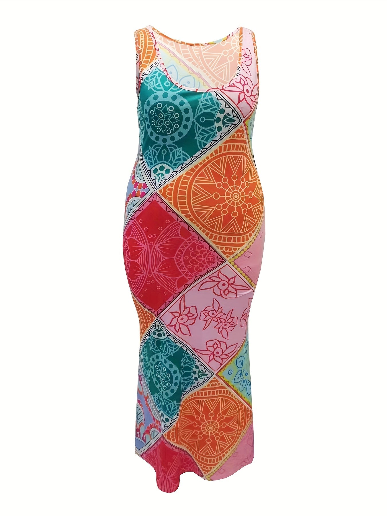  Colorblock Geometric Print Maxi Tank Dress