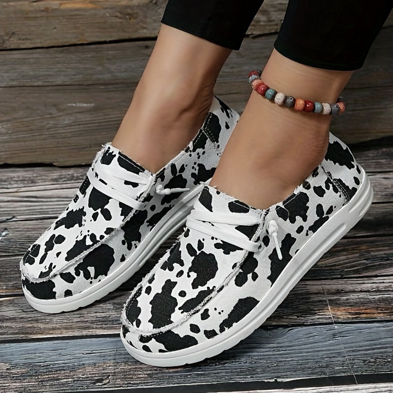 Women's Cow Pattern Canvas Shoes Lace Up Lightweight Sneakers
