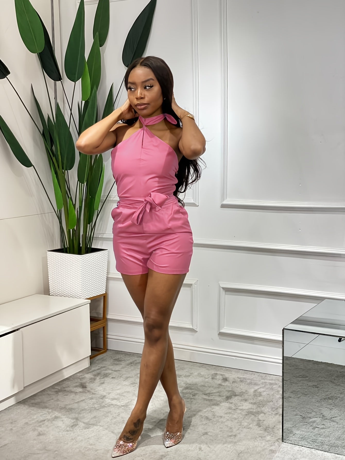 Sexy Open Back Halter Jumpsuit Tie Front Pocket