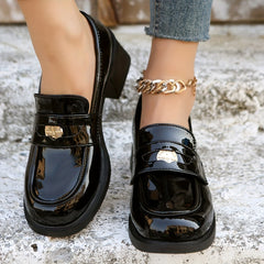 Women's Chunky Heel Loafers Patent Leather Mid Heels British Style