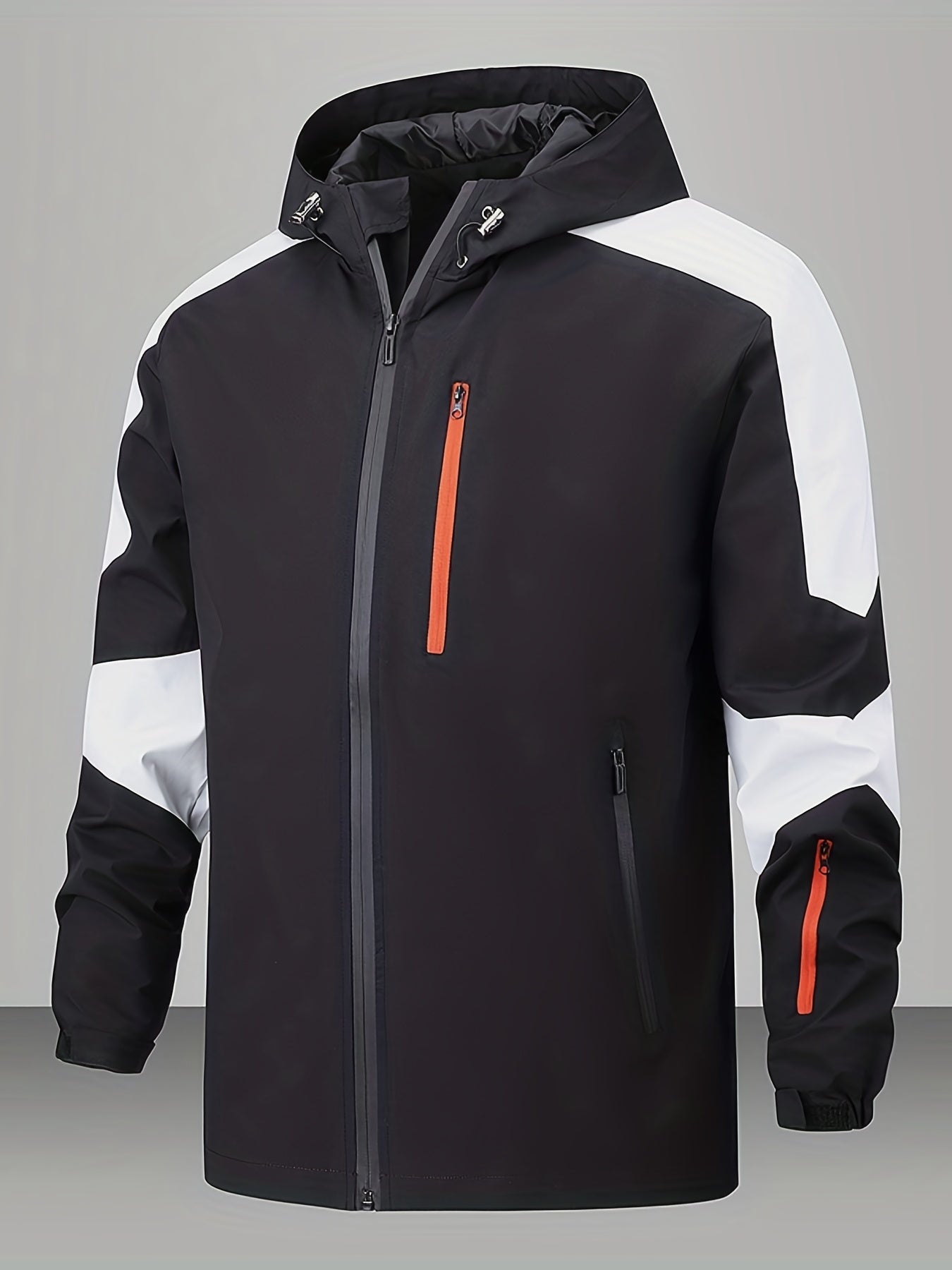 Men's Block Hooded Jacket Zip Up Windbreaker for Outdoor