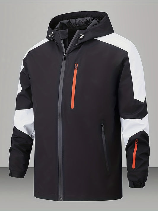 Men's Block Hooded Jacket Zip Up Windbreaker for Outdoor