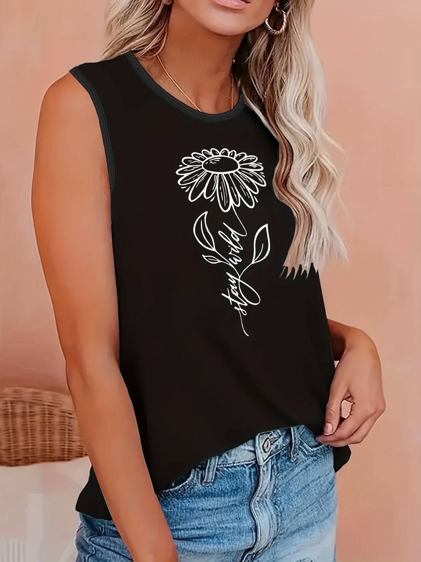  Sunflower Print Tank Top Round Neck Stretch Top