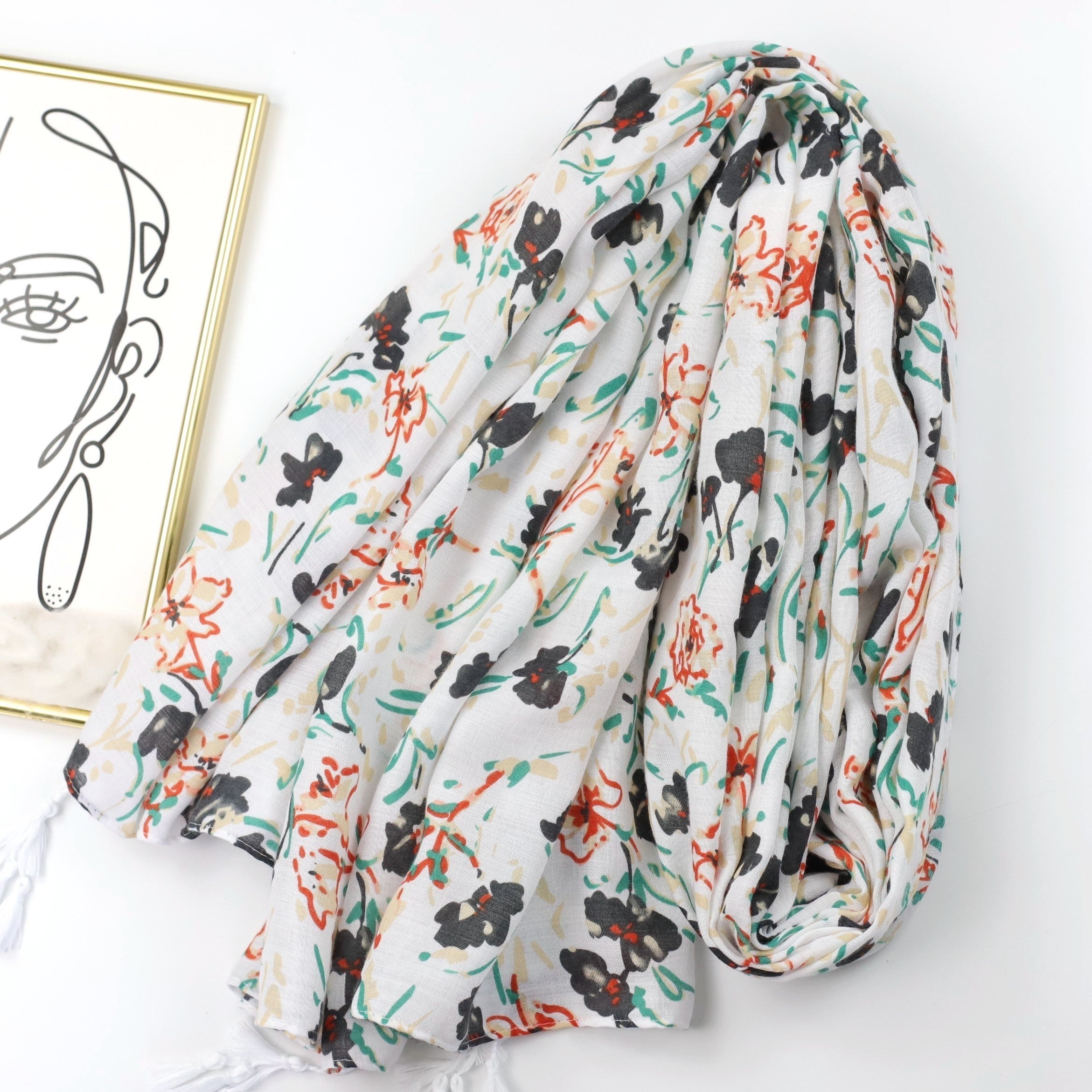 Floral Print Scarf Boho Tassel Shawl Classic Head Wrap