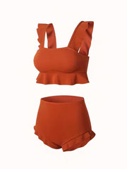 Ruffle Trim High Waist Bikini Solid 2 Piece Swimsuit
