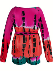  Tie Dye One Shoulder Top & Shorts Set With Belt