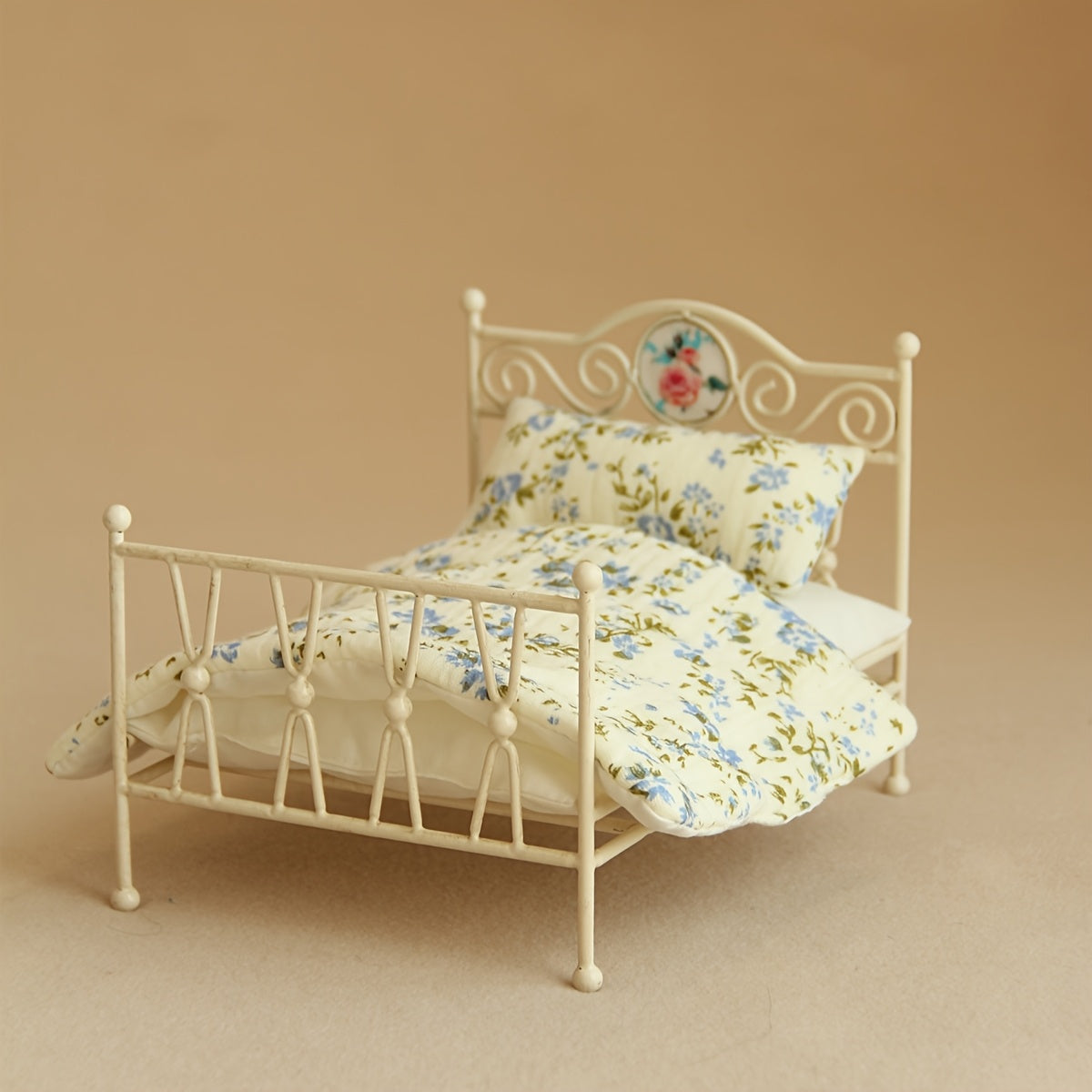 Vintage Iron Bed w/ Floral Headboard & Pink Blanket