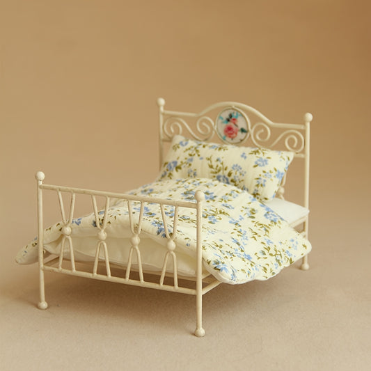 Vintage Iron Bed w/ Floral Headboard & Pink Blanket